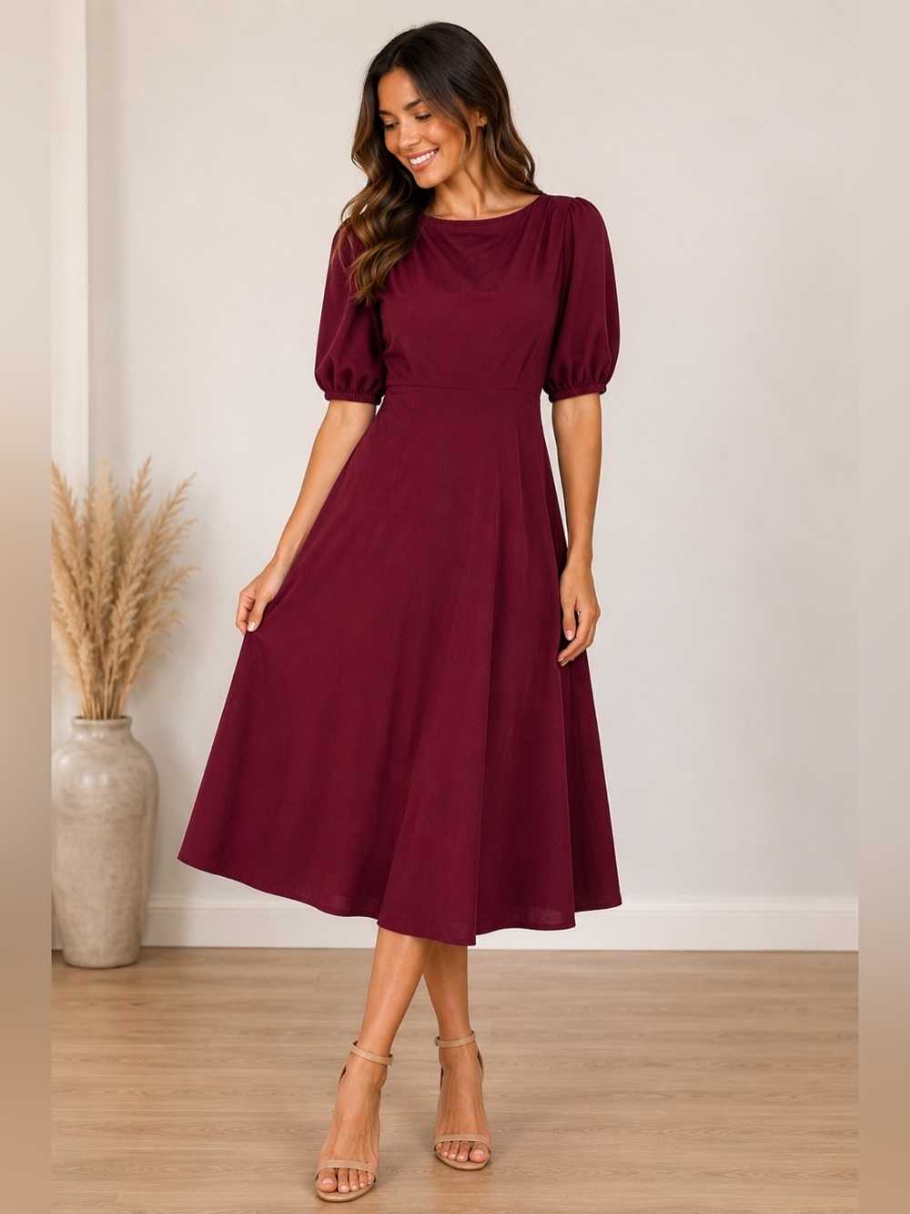 NWT Burgundy Midi Dress Size Large Puff Sleeve Wrap Style A-Line Dress